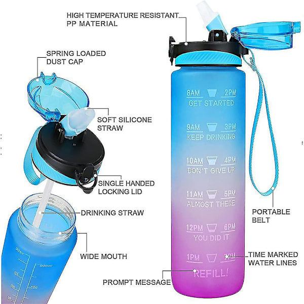 1 litran kannettava suuri tilavuus vesipullo motivoiva juomapullo aikamerkinnöillä Bpa Free Sports Gym yellow blue purple
