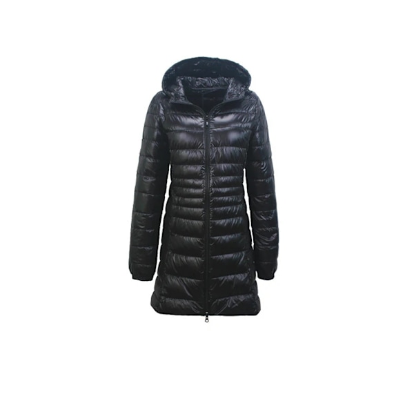 Lookbook Lättviktspufferjacka för damer Hooded Winter Mid Längd Coat-Black