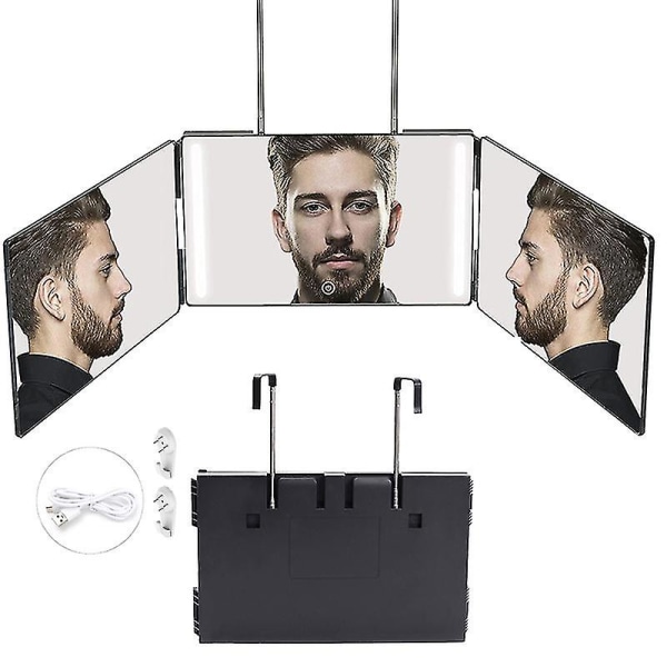 3-vägsspegel för självklippning av hår 360-spegel med led-lampor, trevägsspegel för självklippning uppladdningsbar med höjdjusterbar black with led