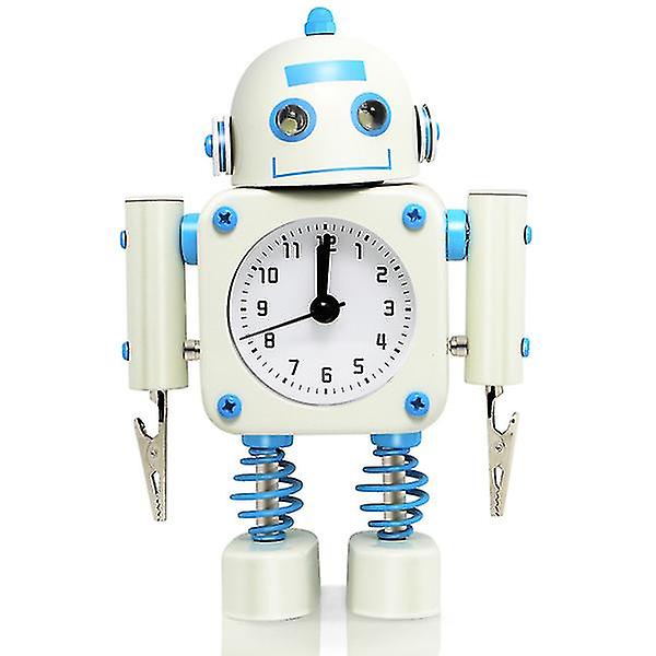 Icke-tickande robotväckarklocka i rostfritt metall - väckarklocka med blinkande ögonljus och handklämma White