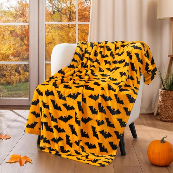 Halloween-tæppe til sofa, flagermus efterår Halloween fleecetæppe, plys, varmt sort efterårshyttetæppe, 50x60 (Flagermus Halloween)
