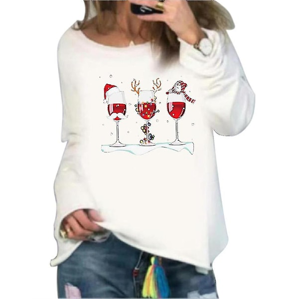 Hhcx-kvinder Juletryk Baggy T-shirt Pullover Xmas Tunika Jumper Top White L
