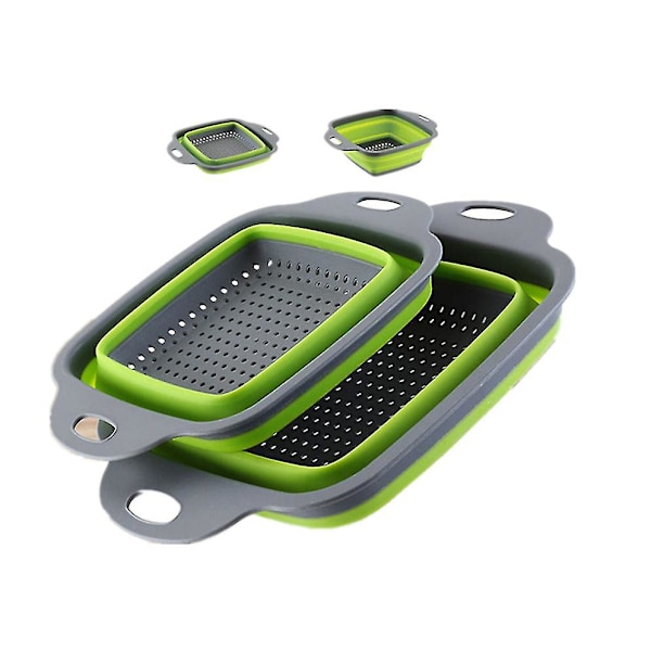 Silikone Foldbar Afløb Vaskekurv Frugt Grøntsag Organizer Opbevaring green small and big