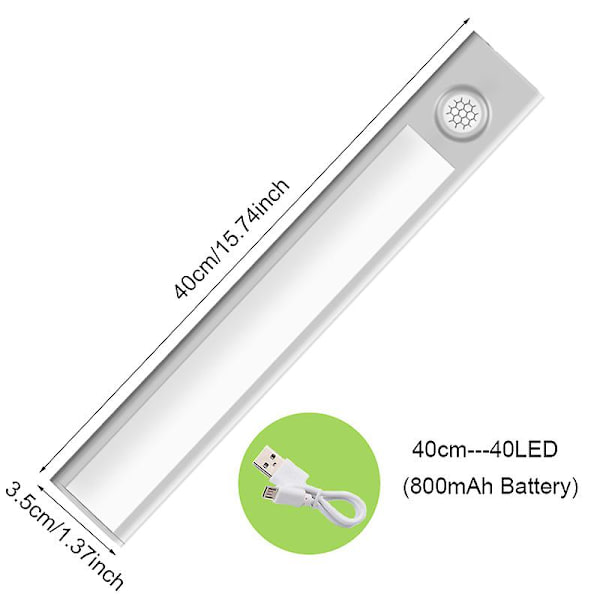 Nattljus Led-ljus Under skåpljus Rörelsesensor Garderobsljusskåp USB Uppladdningsbar köksbelysningslampa Cold White 6000K Silver 40cm