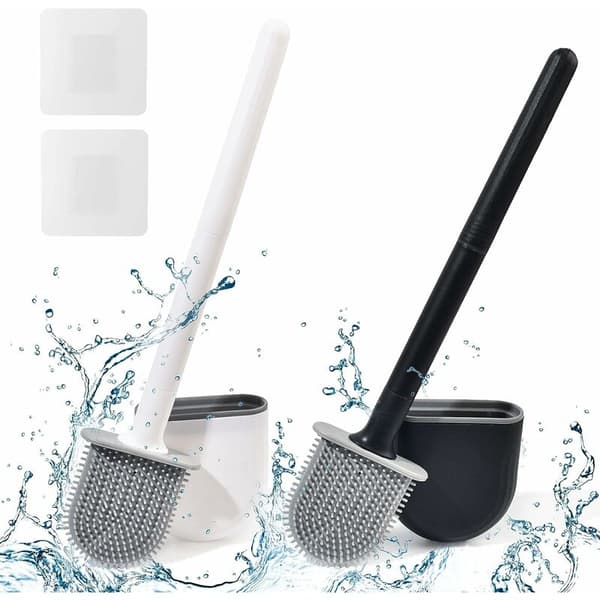 【BQ】2-pack platta toalettborstar i silikon med väggfäste, svart + vit