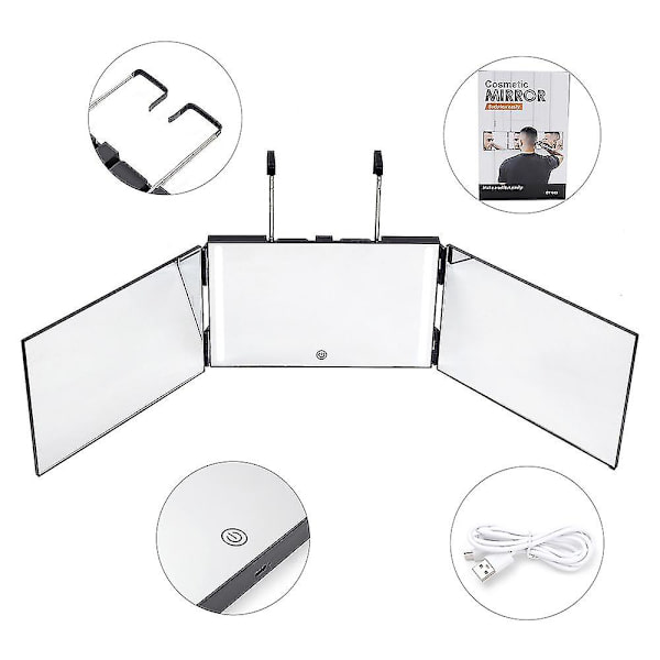 3-suuntainen peili itseleikkaukseen 360 peili led-valoilla, kolminkertainen itseleikkauspeili, ladattava korkeussäädettävällä white with led