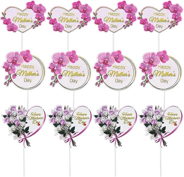 12-delt sæt med blomstermotiver til cupcakes, dekorationer til mors dag