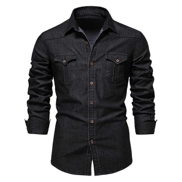 【BQ】Elastisk langærmet afslappet slim fit jeansskjorte mode langærmede skjorter til mænd Black L