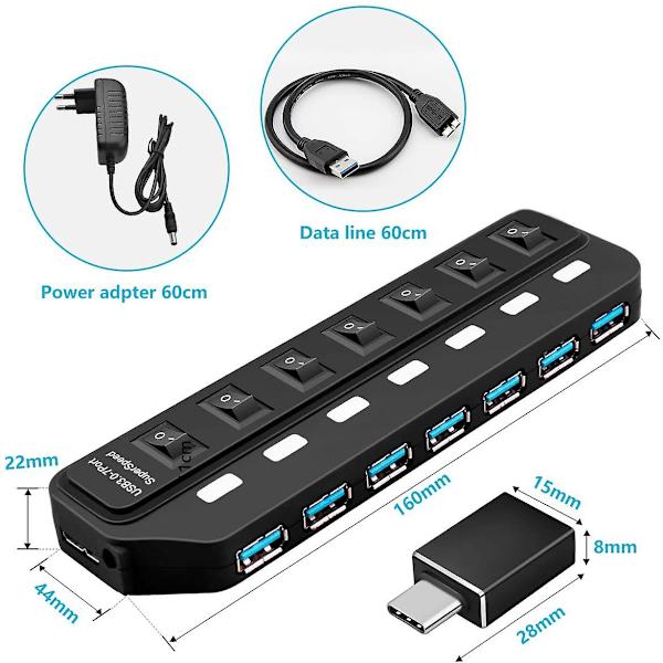 USB -keskitin Active 3.0 7-porttinen USB -datakeskitin lataamiseen ja tiedonsiirtoon