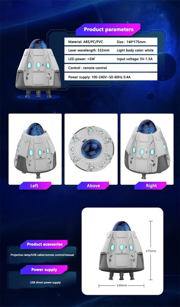 Stjerneprojektor Rumskib LED Natlampe Stjernelampe Lampe multifärg multicolor