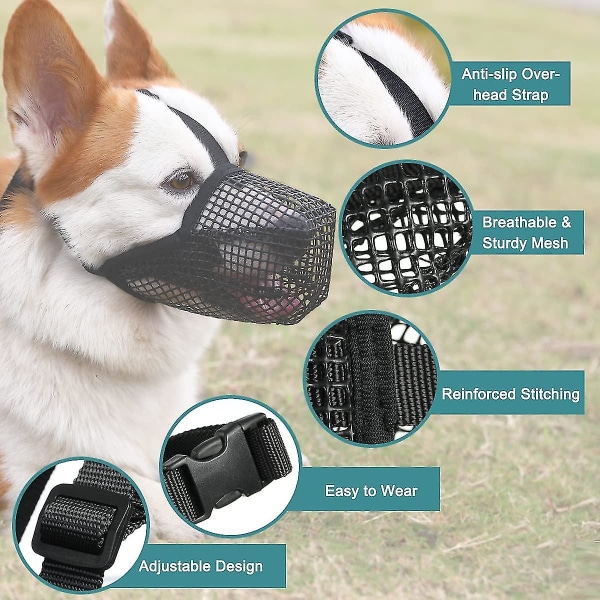 Hundnosparti med justerbara remmar, mjukt mesh nosparti för små medelstora hundar Black XL