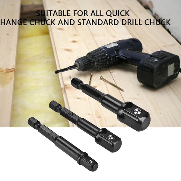 3 stk. Svart Sokkeladapter 1/4” Hex Schaft til 1/4\" 3/8\" 1/2\" Kvadratisk Hode Borbitt Driver