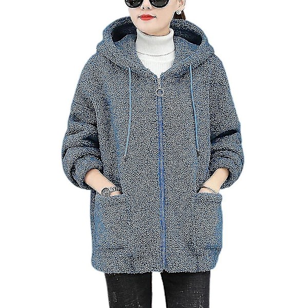 Hhcx-women&#39;s Teddy Bear Zip Up Coat Fluffy Jacket Winter Warm Hoodie Outwear Blue L