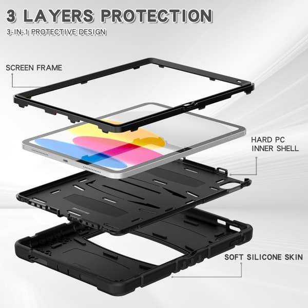 iPad 11 11th Gen / 10.9 10th Gen 2022/2025 Case with 3-Layer Protection, PC + Silicone Tablet Cover Svart