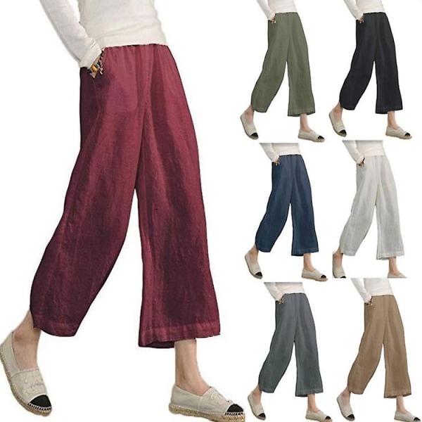 kvinders bomuld linned løse cropped bukser hvid XL