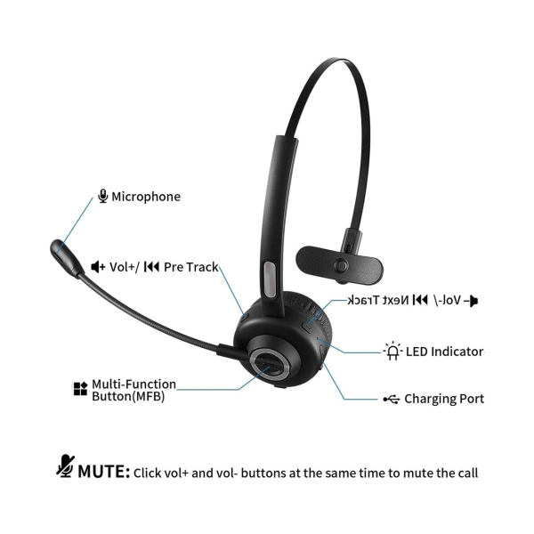 Bluetooth Headset, V5.0 Business Wireless Headset med Boom Mic