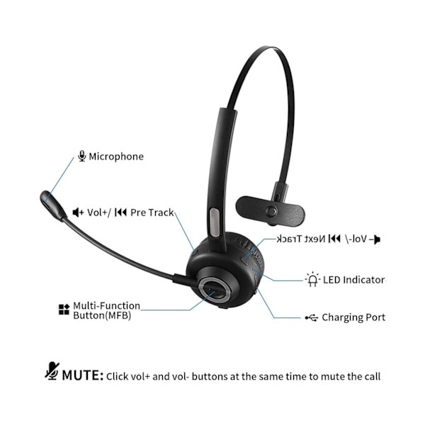 V5.0 Business Headset med Boom Mic, egnet for mobiltelefon/nettbrett/datamaskin