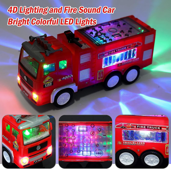 Fire Truck Toy 4d Lighted - Elektrisk brandbil redningsbil med lys og lyde, pædagogisk led lynudrykningskøretøj billegetøjsgaver