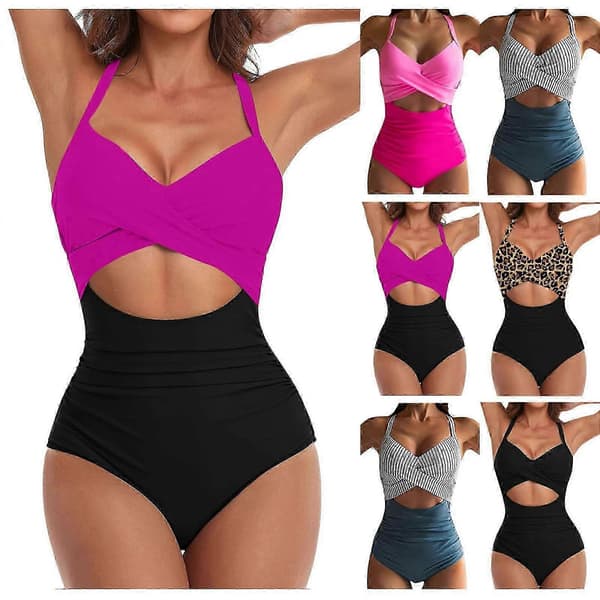 【BQ】Fargerik Sexy Hul Kryss Halter Bikini Strandbadedrakt for kvinner Leopard Print S