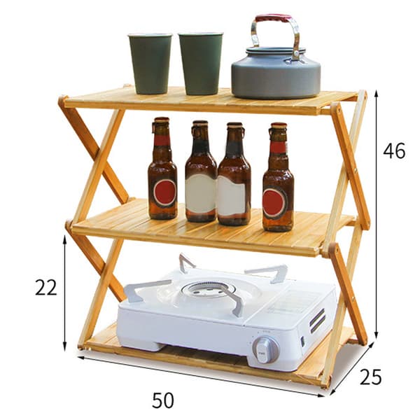 Vikbar Bambu Portabel Trähylla Utomhus Picknick 3 Lager Hög Kapacitet