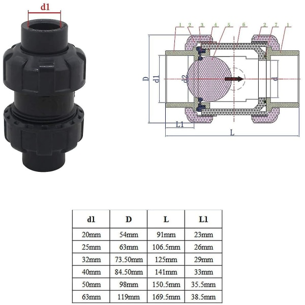 25 mm kule tilbakeslagsventil Svømmebasseng tilbakeslagsventil Anti-tilbakestrømning PVC-ventil tilbakeslagsventil (indre diameter