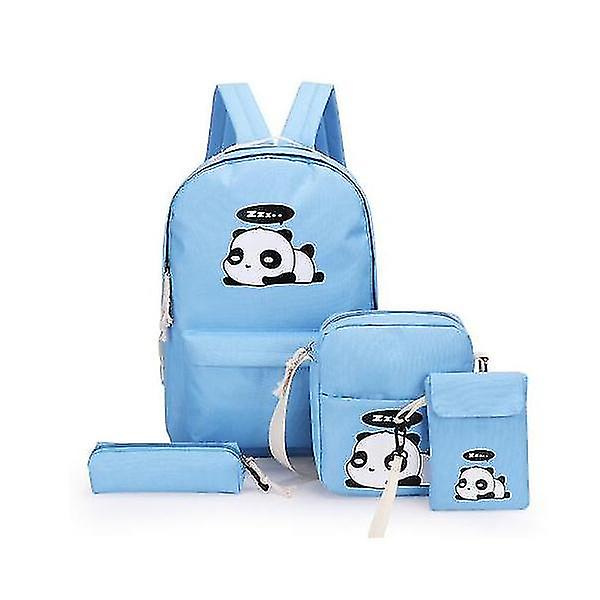 Slitstark 4 delar/ set söta kvinnors flicka Panda Print Shoulder Skolväska Blue