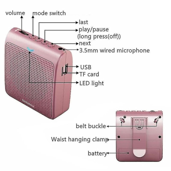 Bärbar mikrofon högtalare Mini röstförstärkare med USB tf-kort FM-radio för lärare Reseguide Rose Gold