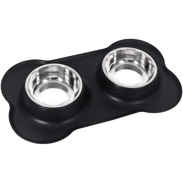 Dubbla Hund Kattskålar Rostfritt stål Inget spill No Skid Silikonmatta Black