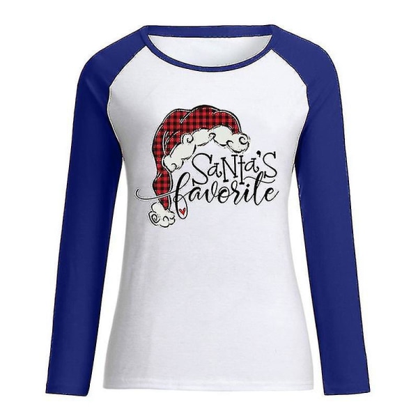 Hhcx-kvinder Christmas Santa Print T-shirt Bluse Basic Top Tee Shirt Blue L