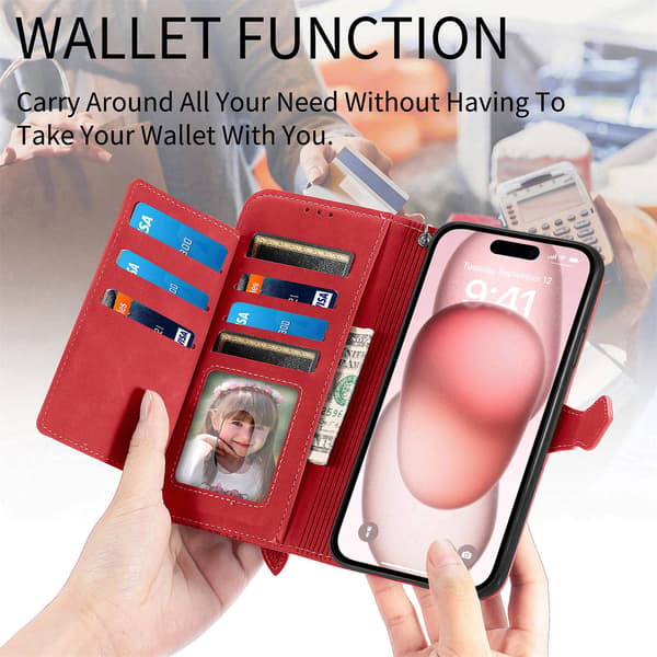 【BQ】iPhone-etui - Flip-læderetui med prægede kortpladser, rød til iPhone 16 Pro Red Red iPhone 16 Pro