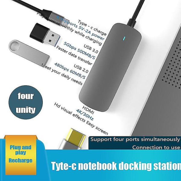 USB Typ C Hub 4 i 1 adapter 4 portar höghastighetsläsare USB C till USB 3.0 HDMI-omvandlare