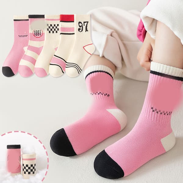 Barnstrumpor Unisex Mid Calf Bomullsstrumpor för Vinter Höst Rosa Vit M (4‑8 År)