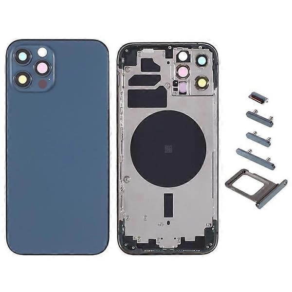 【BQ】Kompatibel med iPhone 12 Pro Bagbatteridæksel + Mellemramme + Sideknapper Erstatning, EU-version (med CE-logo) - Perfekt Blue