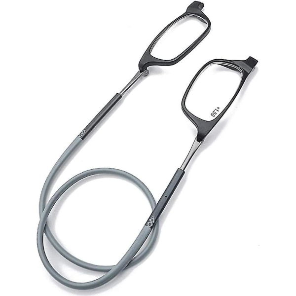 Magnetiska hängande halsglasögon Bärbara hopfällbara Tr90 läsglasögon för män kvinnor Black and Gray 3.25x