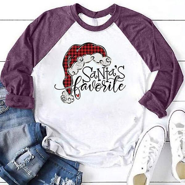 Hhcx-women Christmas Santa Print T-shirt Blouse Basic Top Tee Shirt Purple 5XL