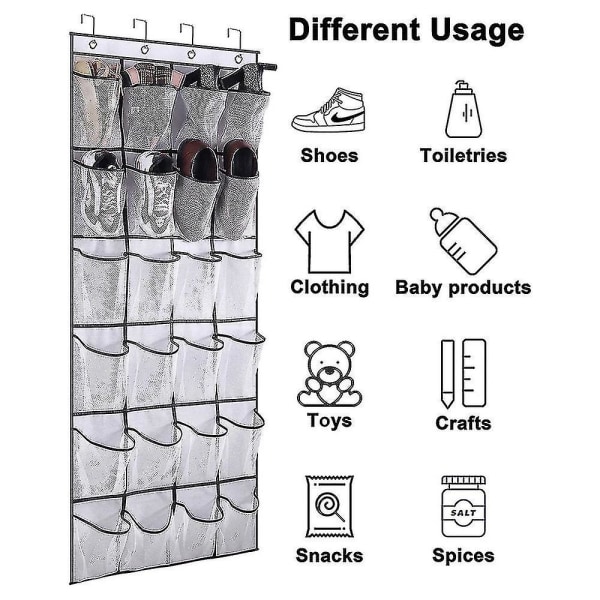 Over The Door Shoe Organizer 24 store meshlommer passer til soveværelset - hvid