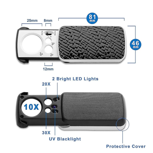 30x 60x 90x monitehoinen pieni kannettava suurennuslasi UV-valolla