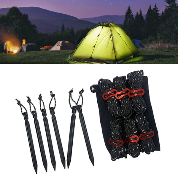 Reflekterende telttau sett med plugger og spenner Oppbevaringspose for camping Svart