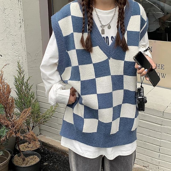 Opiskelijapusero liivi Naisten Ruudulliset Hihattomat Puserot V-pääntie Pariskunta College Casual Tricot Outwear Top Ruudullinen liivit L sininen liivi L blue-vest