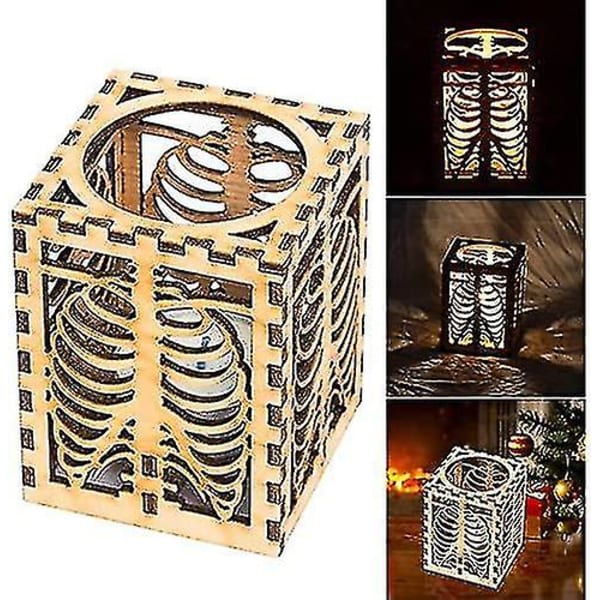 Håndskåret Halloween-skalle Rib Shadow Lampe av tre, Home Deco