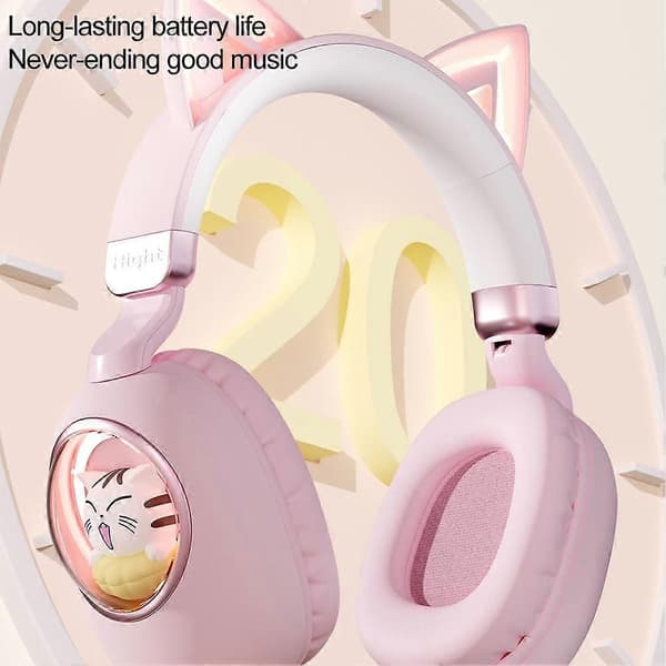 【BQ】Trådløse Bluetooth 5.3 Katteøre Hodetelefoner med Lys for Barn Jenter Bursdagsgave Pink