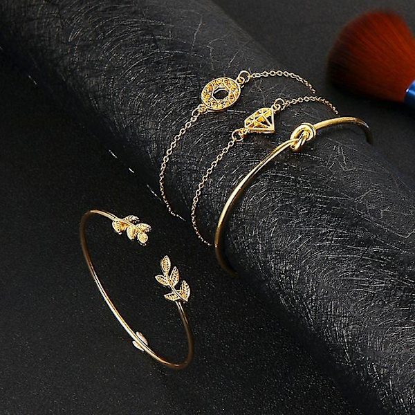 4 st/ set Dammode Bohemia Leaf Knot Hand Manschettknapp Kedja Charm Armband Armband Guld