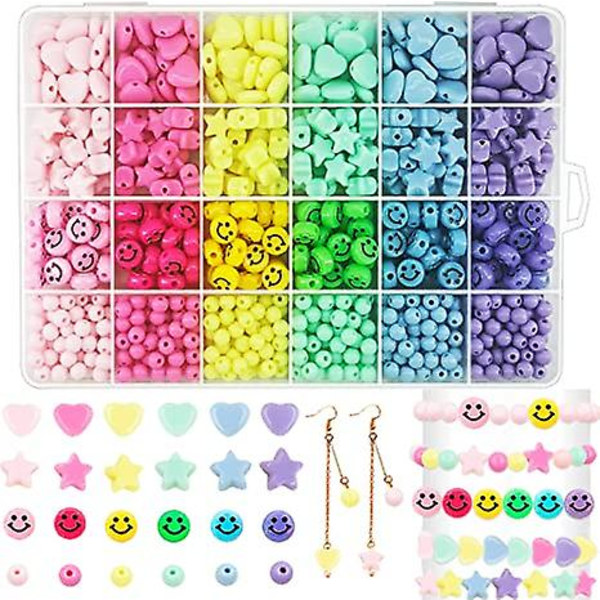 720 stk slikfarve akryl hjerteformede perler stjerneperler, farverige forskellige plastik pastelperler hjerteformede runde søde løse perler Bulk til armbånd Candy smile face