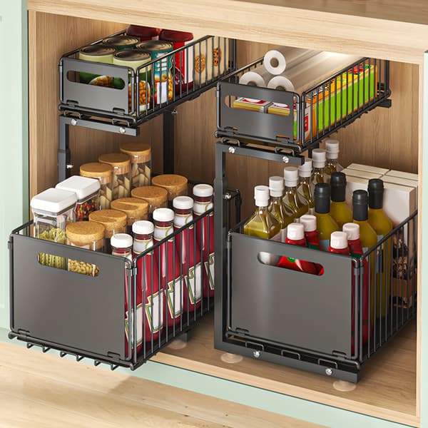 【BQ】2-Tier Pull-Out Storage Basket No Drilling Foldable Metal Sliding Organizer for Under Sink Cabinet