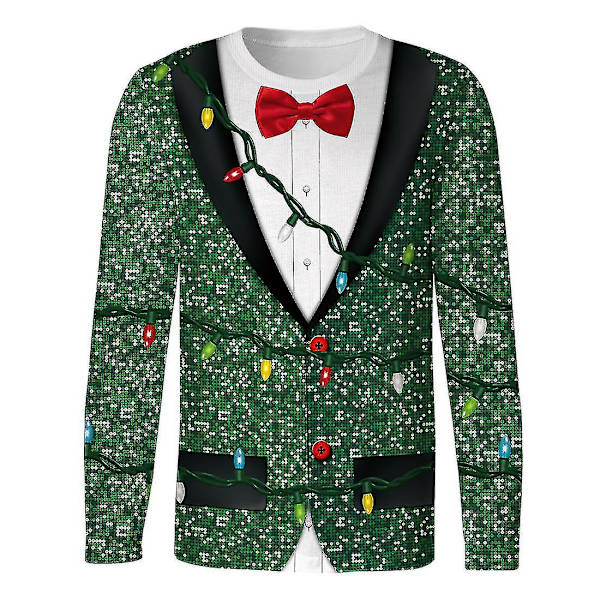 Hhcx-christmas Men Long Sleeve Pizza Elf Tuxedo Print T-shirt Xmas Novelty Top Green S