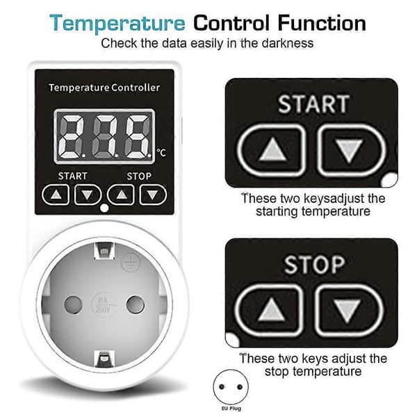 2-pakks termostatuttak med sensor, digitalt temperaturregulatoruttak, vanntett temperaturbryter EU-plugg White