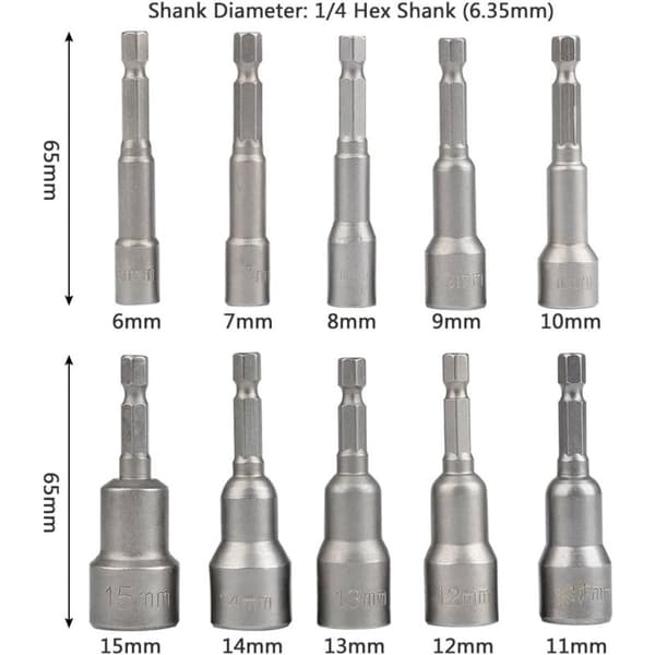 [BQ]10 stk Magnetiske Pipebits Hexbits 6-15mm Slagtrekker Magnetisk Pipebits Hexbits Sett 1/4 Magnetisk Pipebits Hexbits Adapter Verktøy