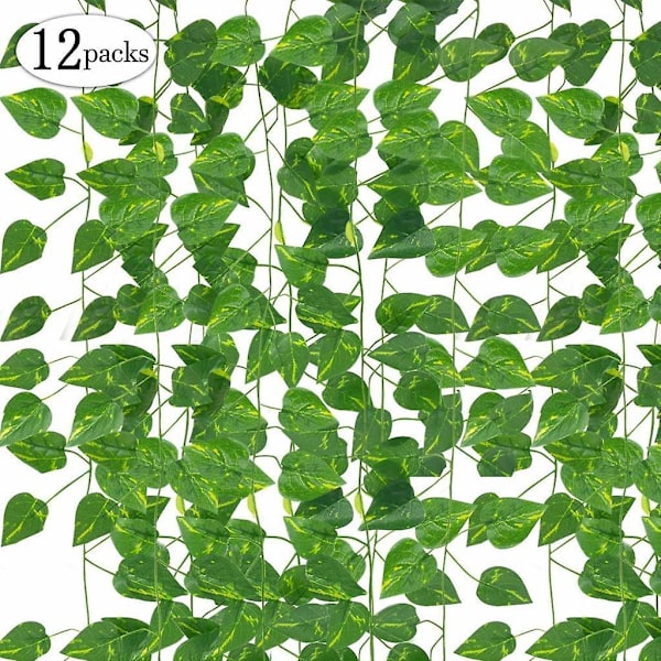Bladkranser kunstige planter, 12 pakker hengende planter Falske vinranker Silk Eføyblader Grøntkranser (lvluo)