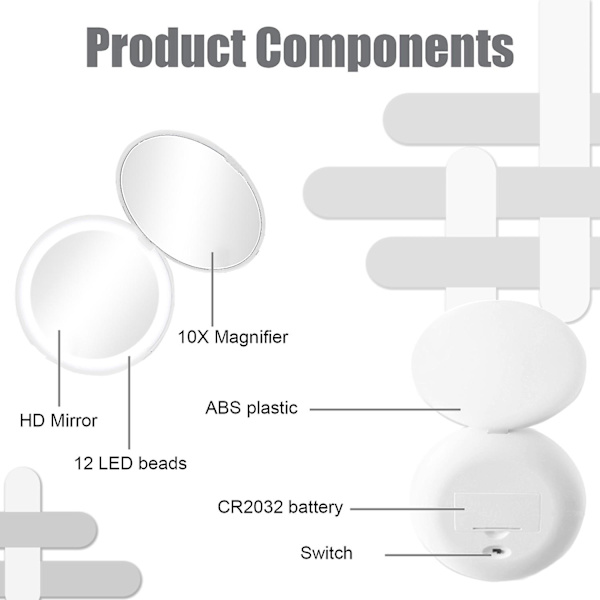 Led valaistu matkameikkipeili 1x/10x suurennus Daylight Led kompakti ja kannettava iso 5" leveä valaistu taitettava peili White