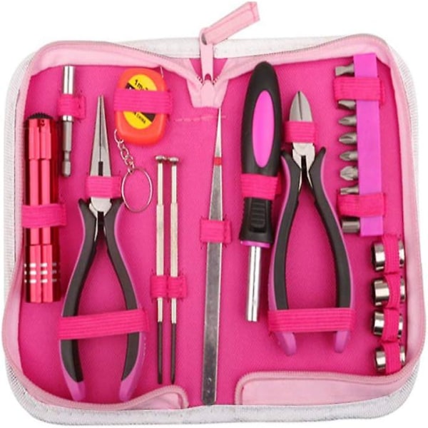 Pink værktøjssæt i 23 dele til kvinder med lyserødt nylon-opbevaringsetui til gør-det-selv og hjemmereparation